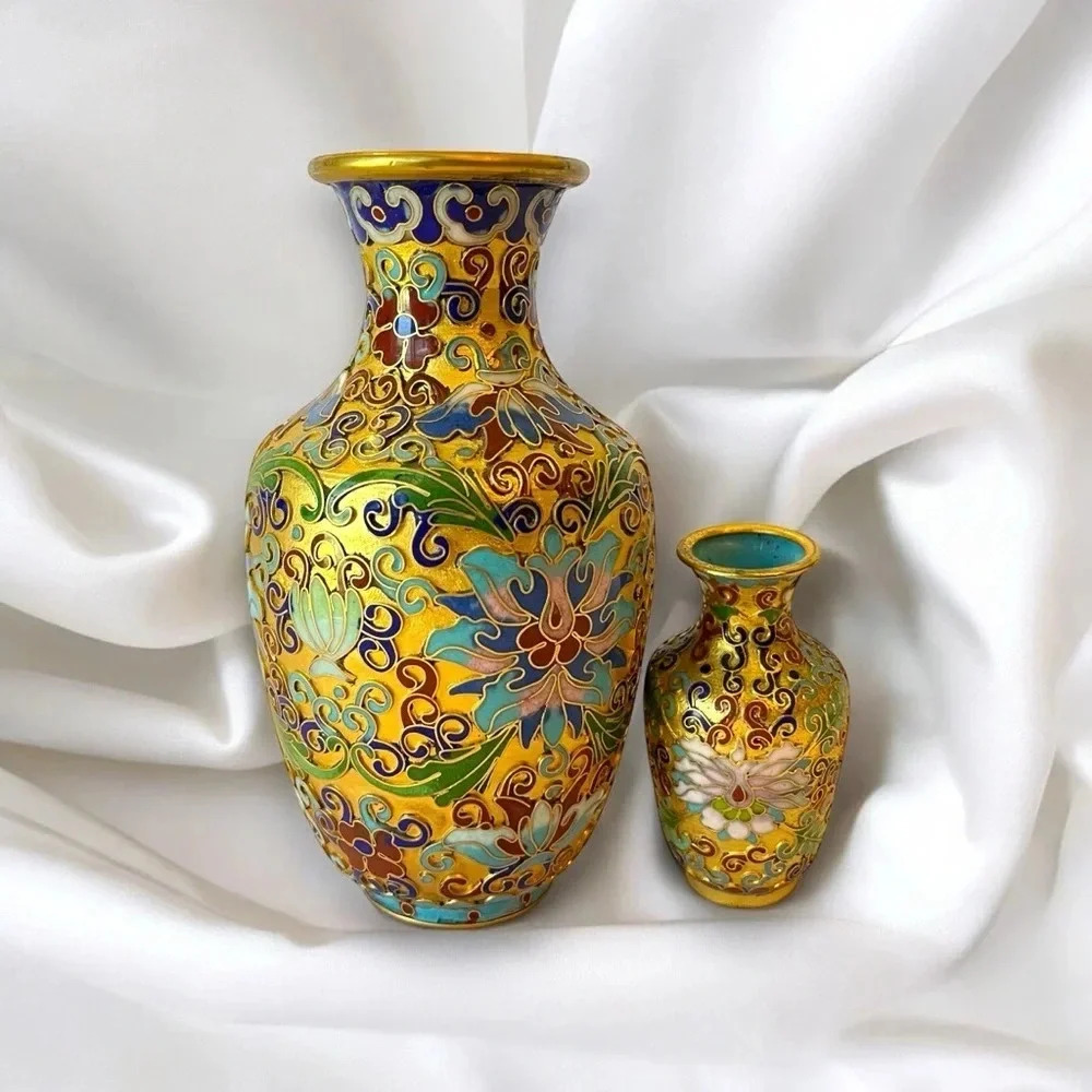 Beautiful Vintage Ornate Metal and Enamel Cloisonné Tiny Vase Set